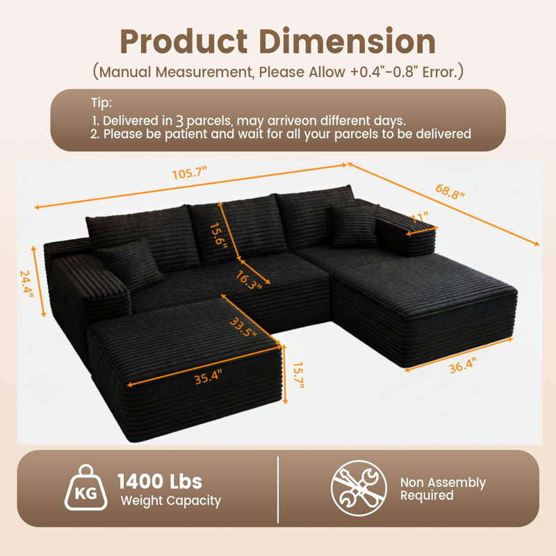 Boneless 106" Modular Sectional Sofa With U-shape Chaise,left Sectional Couches For Living Room&home Office,diy Frameless Cloud Couch With Deep Seat,upholstered Couch With Memory Foam(corduroy Fabric,black)