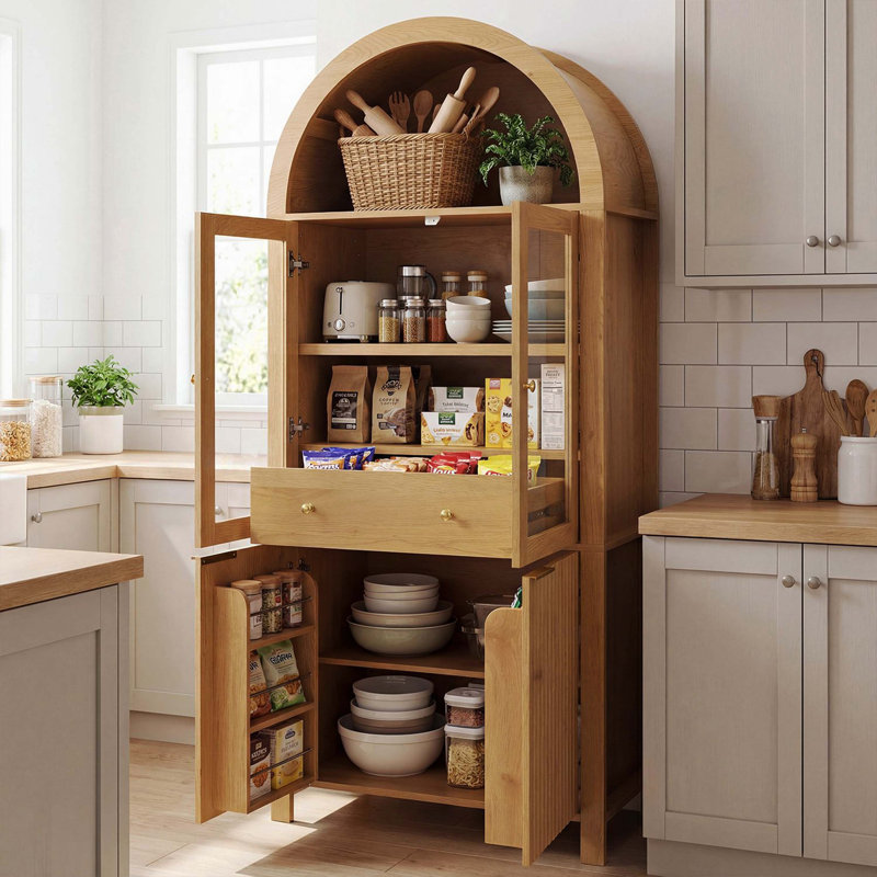 Grand garde-manger arqué cannelé en chêne de 71 po, rangement élégant avec porte vitrée, tiroir dissimulé et tablettes réglables pour la cuisine, le salon et la salle à manger
