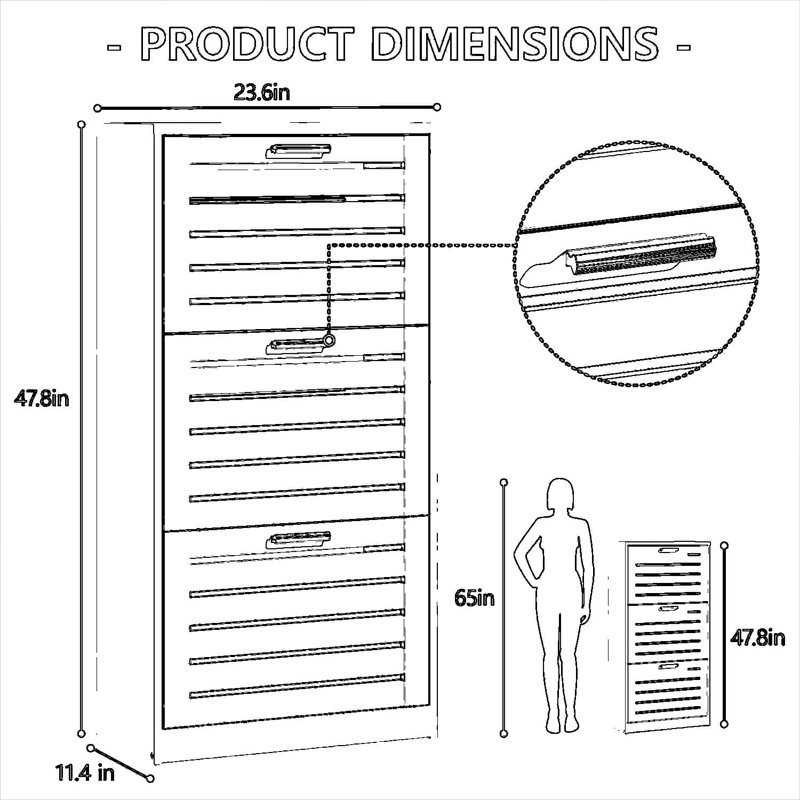 Armoire de rangement pour chaussures mince avec 3 tiroirs à portes rabattables, tablettes réglables pour le vestibule, conception ventilée, organisateur autoportant moderne