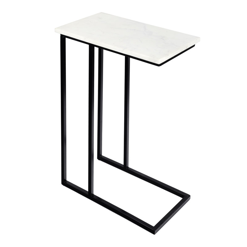 Caius 24.25" Modern White Marble Top C-Shaped End Table with Matte Black Metal Base, Fully Assembled Slide Under Sofa Drink Table