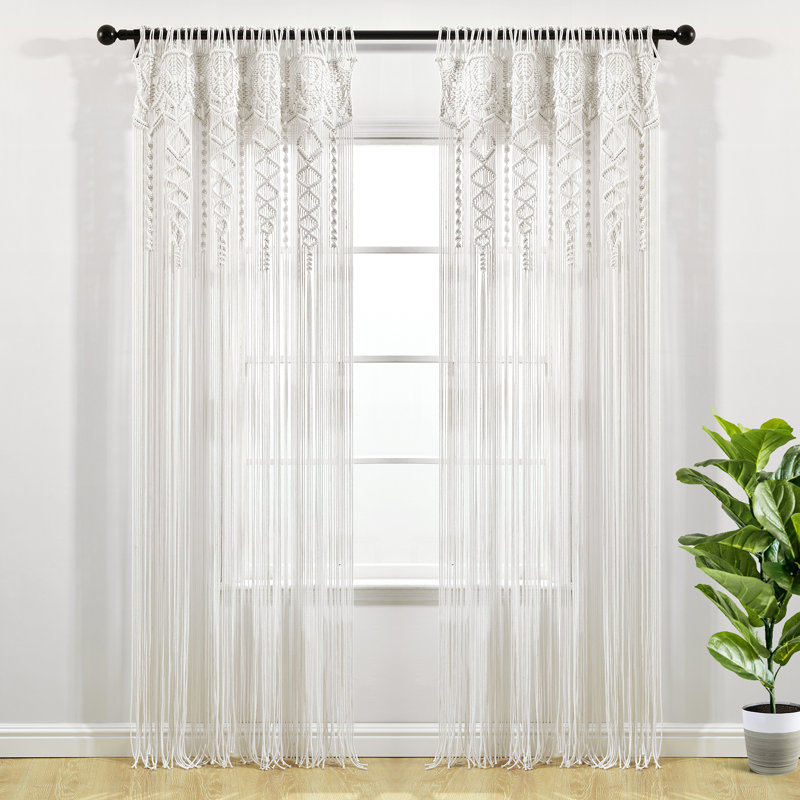 Boho Macrame Textured Cotton Sheer Curtain, White, 40"W x 63"L