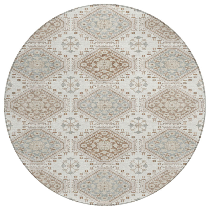 Tapis d'intérieur rond lavable floral ivoire et brun 8 pi