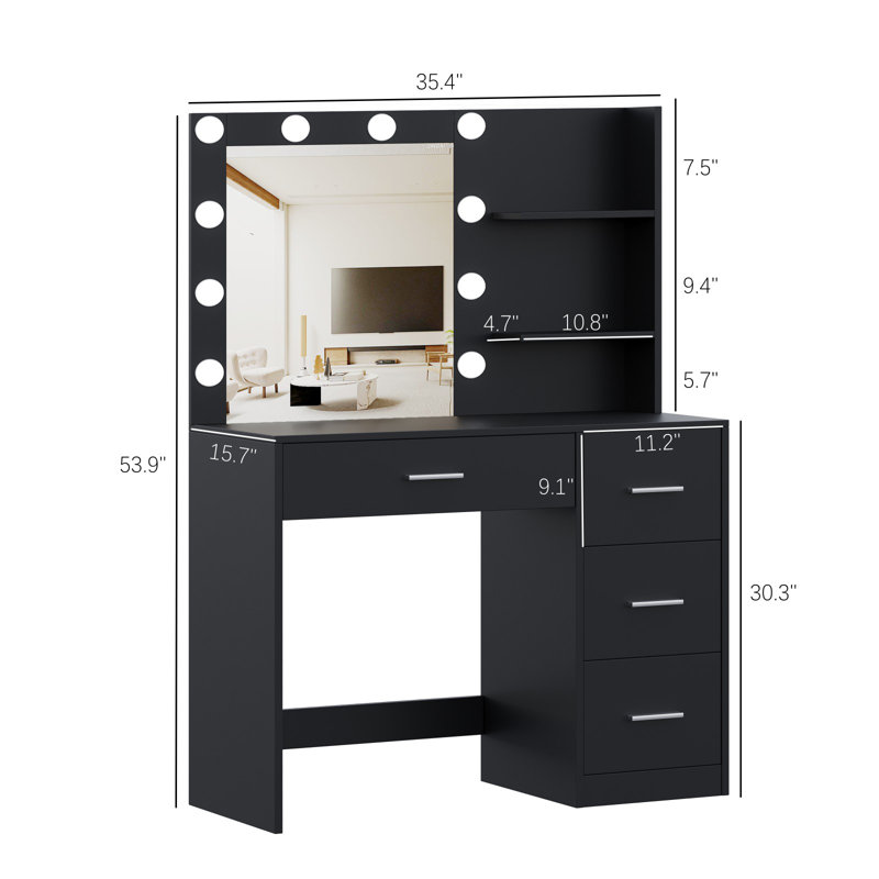 Table de coiffeuse avec miroir lumineux, bureau de coiffeuse avec tablette de rangement et 4 tiroirs, Noir