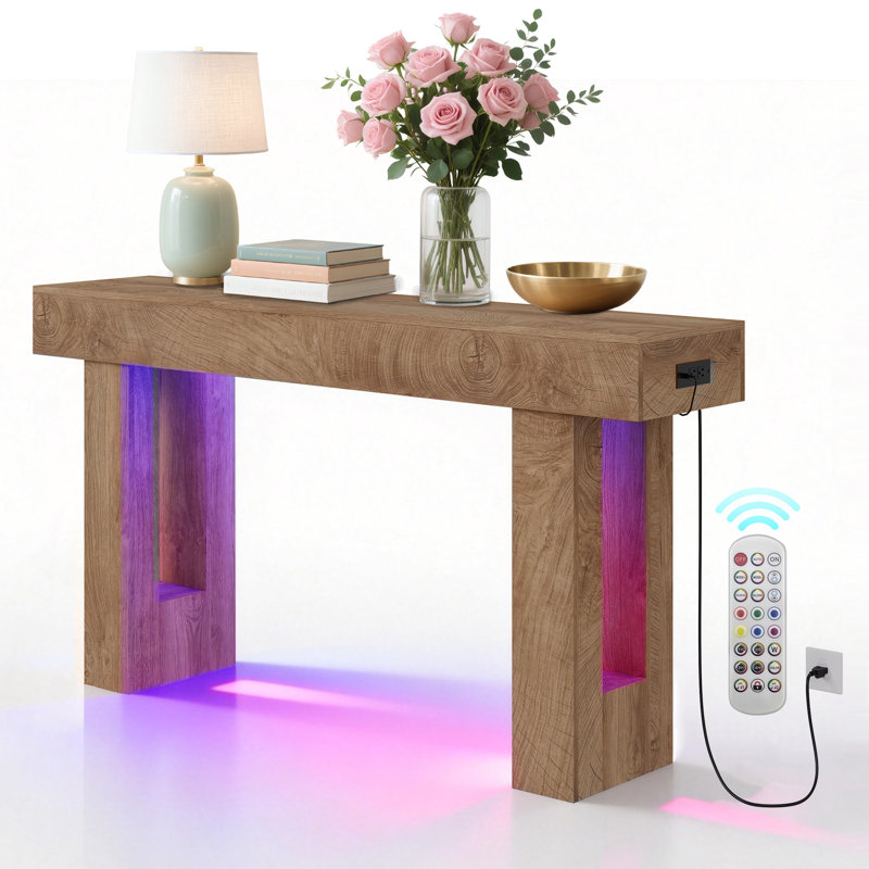 Console 63 po avec lumières DEL et station de charge, table basse étroite pour entrée, couloir, salon