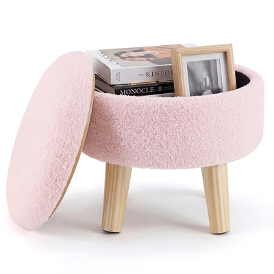 Modern Round Footrest with Soft Padded Seat, Teddy Velvet Footstool with Wood Legs
