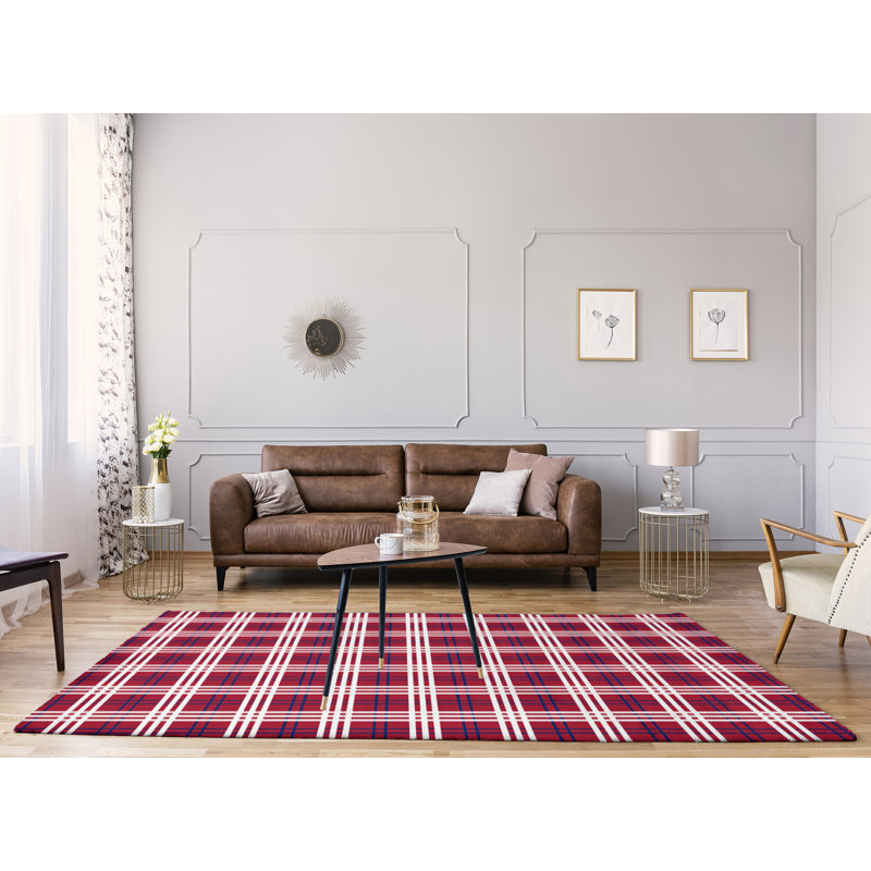 Bleu/rouge/blanc fait à la main à motif écossais Tapis décoratif, Rectangle 5 pi x 7 pi