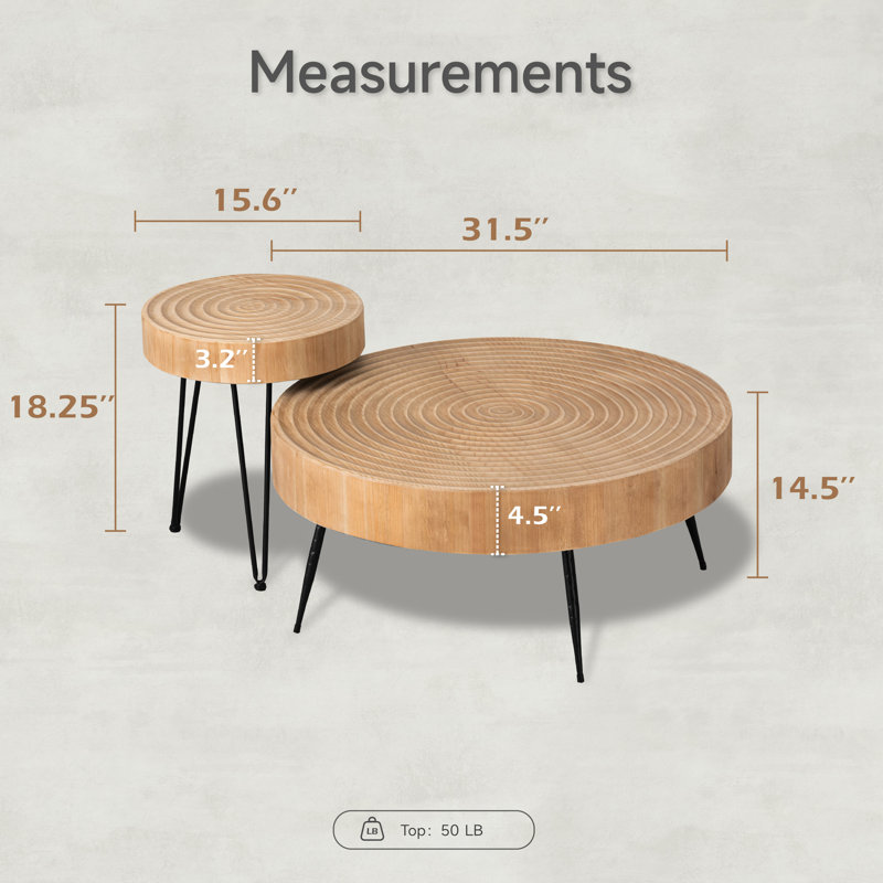 Kawan 2-Piece Modern Farmhouse Living Room Coffee Table Set, Round Nesting Tables, Natural