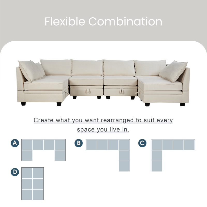 Canapé modulaire à méridienne rembourré Cossio, 100 % lin beige