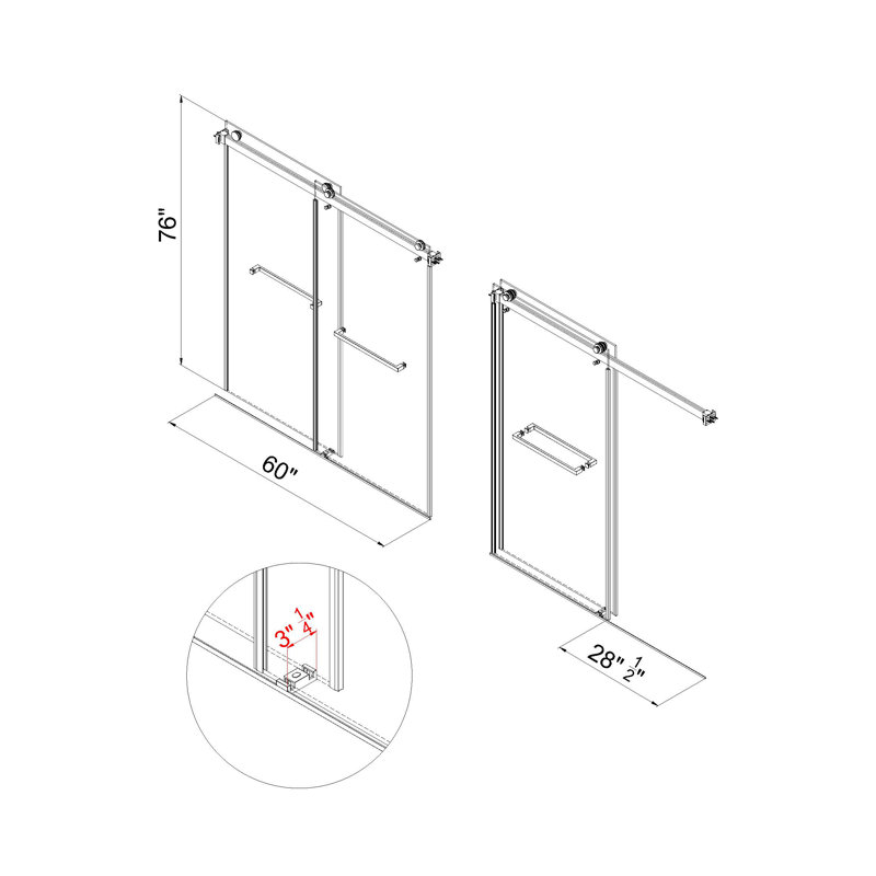 Porte de douche sans cadre l 60 po x H 76 po