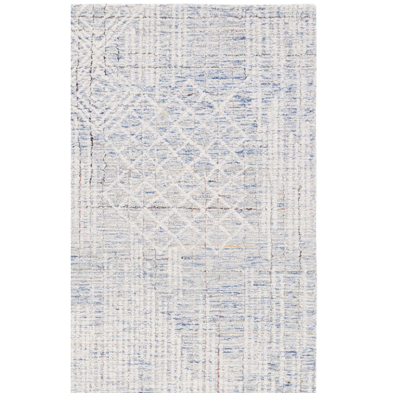 Tapis abstrait en laine / coton touffeté à la main Metro en ivoire / bleu, Tapis de couloir 2 pi 3 po x 9 pi