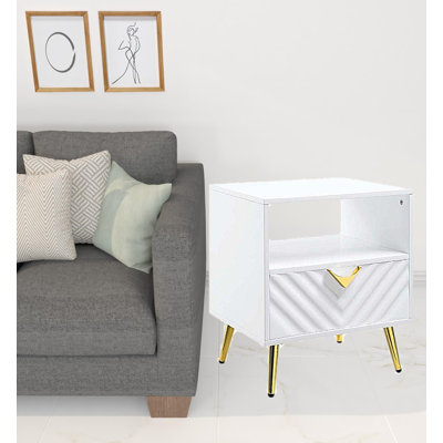 22" White Manufactured Wood And Metal Rectangular End Table With Drawer And Shelf