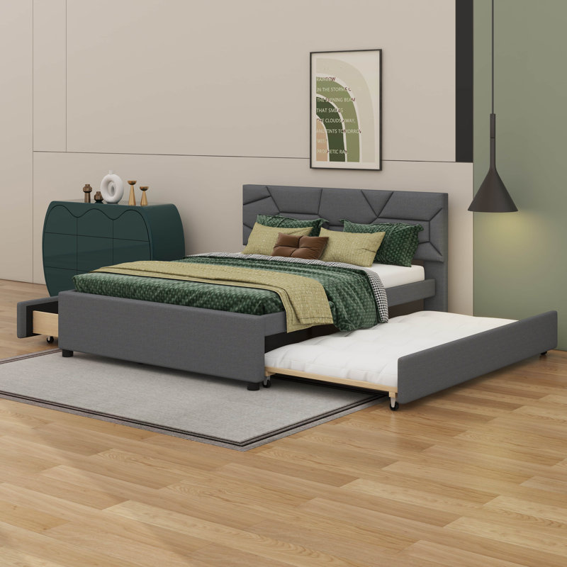 Lit plateforme avec design d'inspiration brique et deux tiroirs avec lit gigogne, Grand lit, Gris