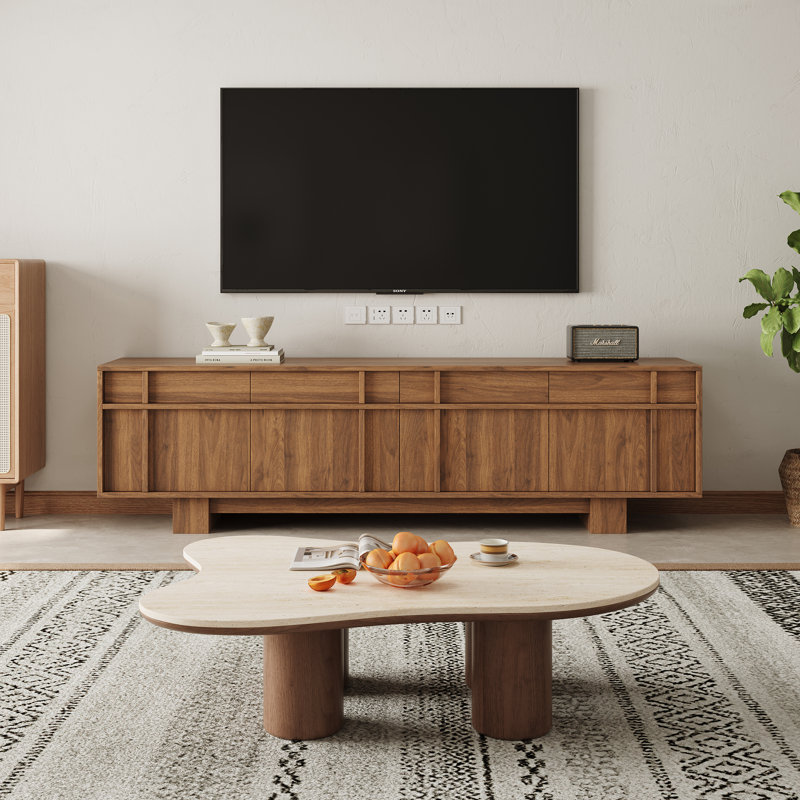 Ensemble de salon minimaliste en bois, meuble télé avec rangement et table basse en travertin en forme de nuage, ensemble de divertissement