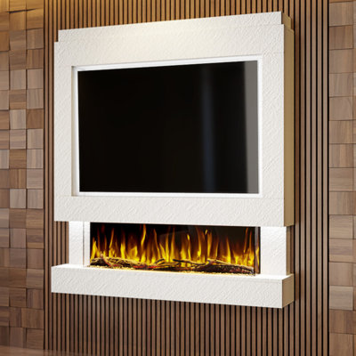 Evolution Fires Pre-Built Media Wall Package 4, finished in textured Venetian Plaster, includes Spectrum Series 44 Series 3-Sided Electric Fireplace