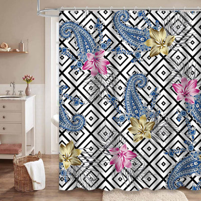 Beautiful Floral Paisley Black Navy Shower Curtain with 12 Hooks