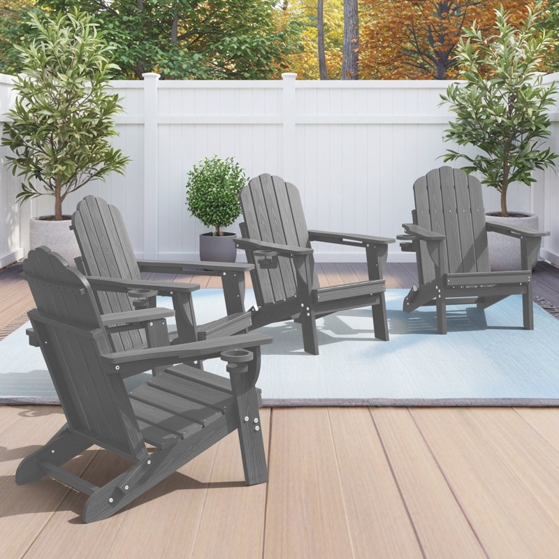 HDPE Adirondack Foldable Chair Wood Texture With Cup Holder(Set Of 4), Gray