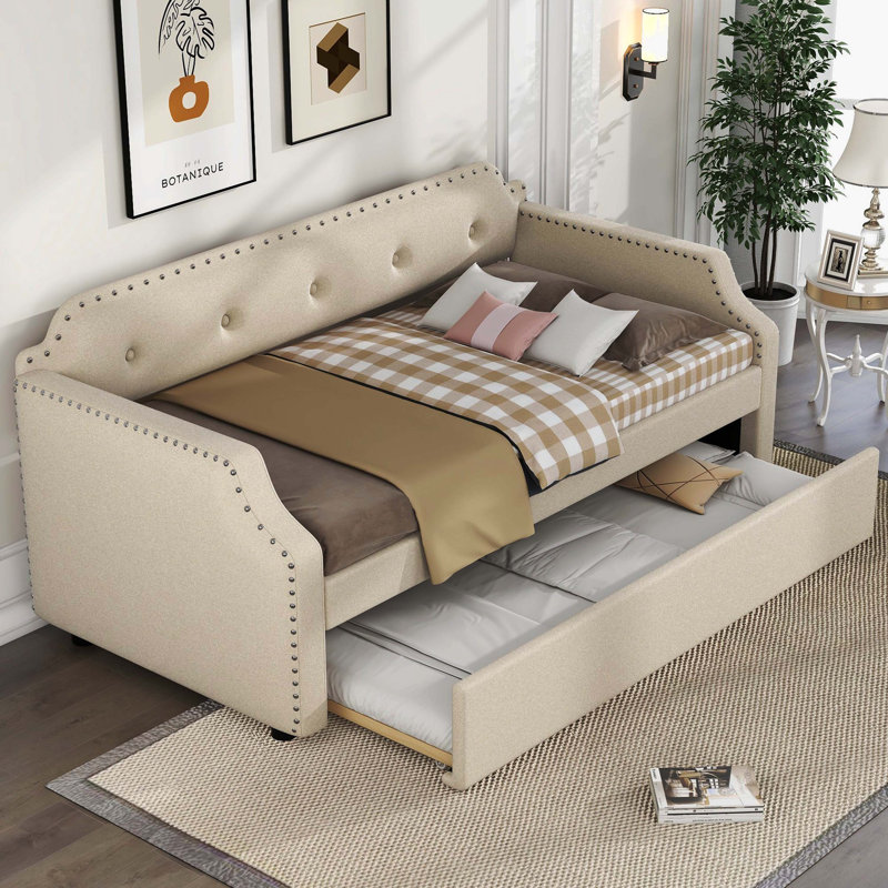 Lit de jour rembourré simple avec lit gigogne escamotable, support en lattes de bois massif et structure rembourrée douce, canapé-lit multi-usages, beige