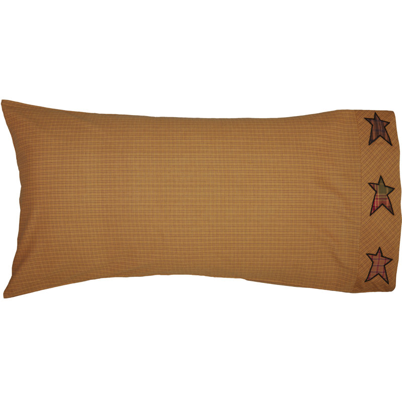 King Size Khaki Plaid Cotton Pillowcase Set with Appliqued Stars