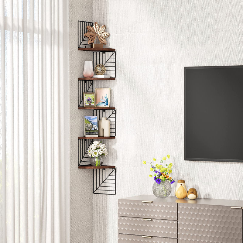 Hayner 5 Tier Rustic Wood Floating Shelves, Brown