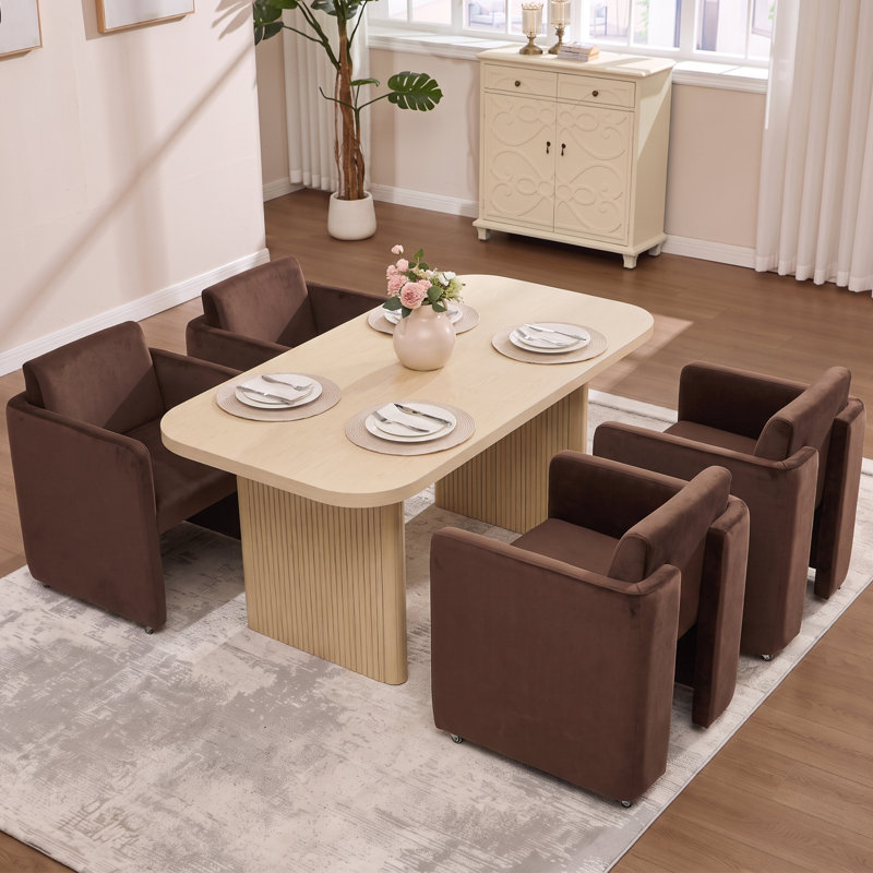 Ensemble de salle à manger moderne 5 pièces avec chaises rembourrées en velours brun à roulettes, 5 Pieces: Table, 4 Chairs