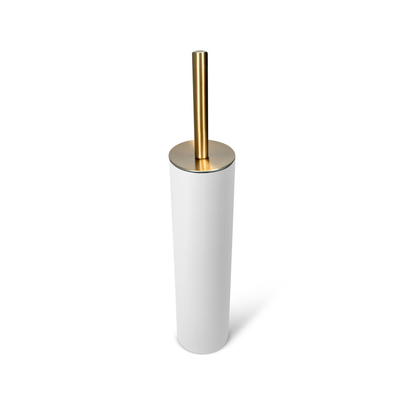 Slim Round Holder, Metal  Removable Plastic Liner Tall  Bathroom Toilet Brush, Soft Touch White and Gold, White/Gold