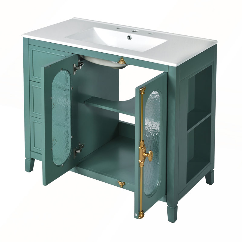 Meuble-lavabo moderne de 36 pouces avec 2 portes à fermeture douce, 3 tiroirs et une structure en bois massif pour des solutions de rangement élégantes