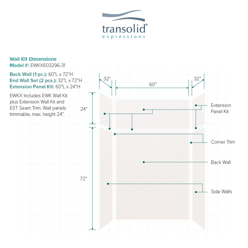 Expressions Solid Surface 60" W x 32" D x 96" H 6-Piece Trimmable Shower Wall Panel Kit, 72" Wall with 24" Extension, White