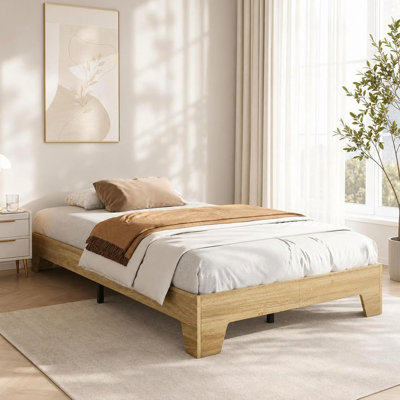 Wood Twin Size Platform Bed Frame, Low Wooden Bed Frame with Noise-Free Slats, Kids Bed for Bedroom, Metal Support Structure, No Box Spring Needed, Easy Assembly