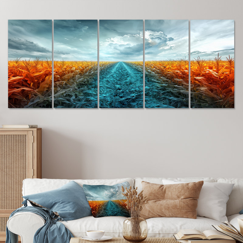 Rangées de champs de maïs verts - ensemble d'art sur toile, H 32 po x l 80 po