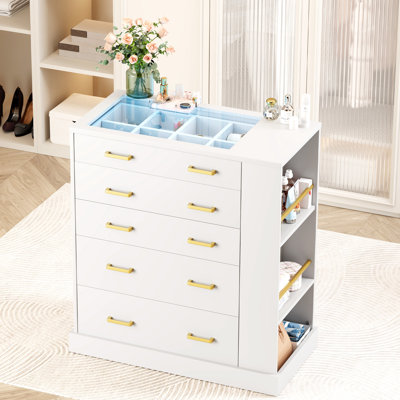 Modern 5 Drawer Dresser with LED Lights & Glass Top, 31.71"W Side Storage Wood Chests of Drawers with Jewelry Organizer, Wardrobe Closet Island for Bedroom, White