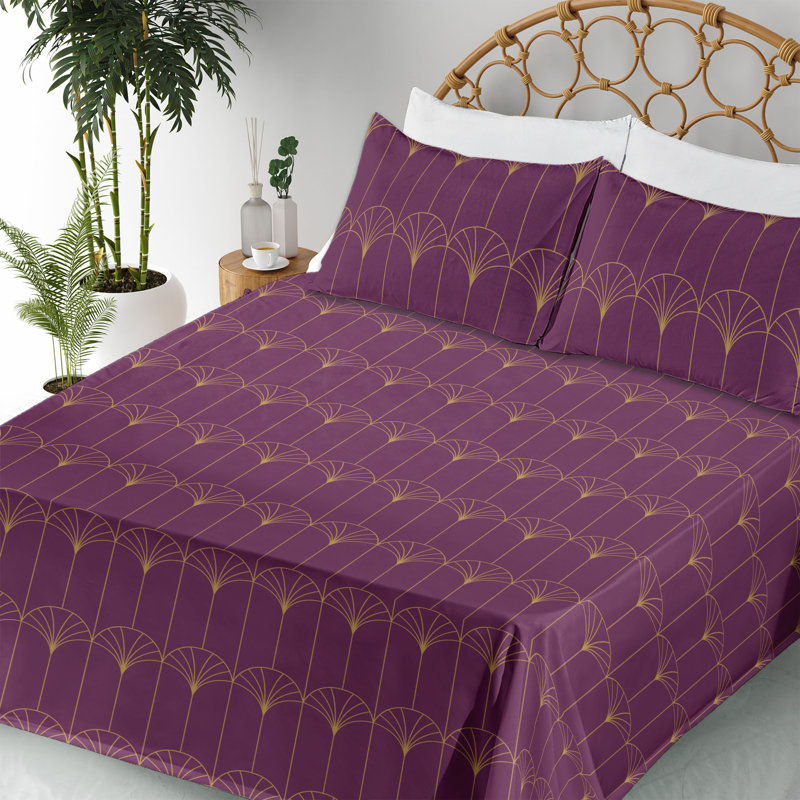 Microfiber Sheet Set, Full Sheet Set with 2 Pillowcases, Purple/Sand Brown Geometric