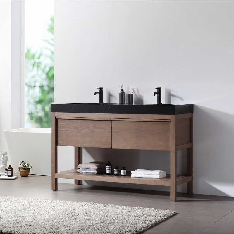 Meuble-lavabo double en contreplaqué de chêne naturel Ariane, Châtaigne