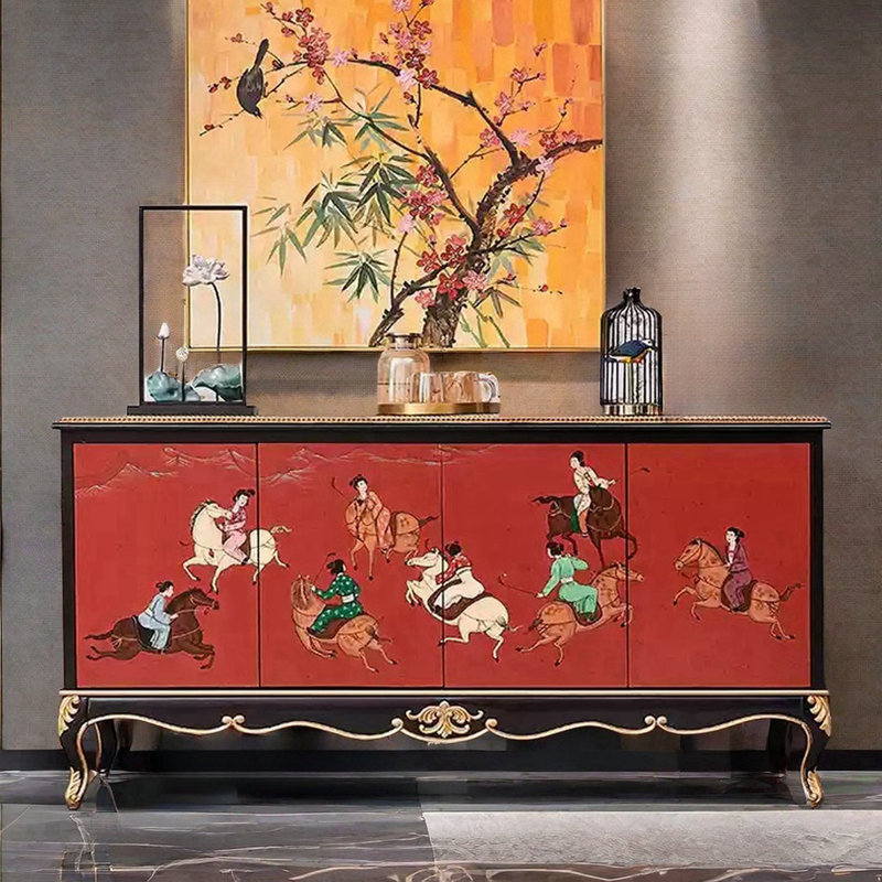 Buffet décoratif vintage rouge peint à la main, H 35,43 po x l 66,93 po x P 19,69 po