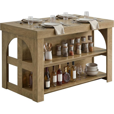 Farmhouse Kitchen Island with Seating Space, 3 Tier Storage Shelves & Large Countertop, Rustic Brown
