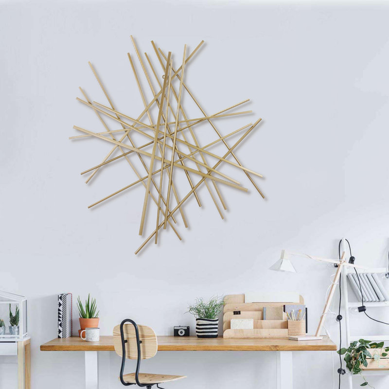 Décoration murale abstraite barre et panneau, H 35 po x l 33,5 po x P 1,25 po, Doré