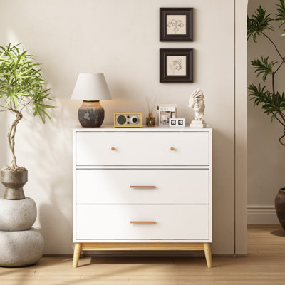 Nordic Style 3-Drawer Storage Cabinet, Modern White Chest Of Drawers With Rose Gold Handles & Solid Wood Base, Small Space Organizer For Office, Kids Room, Nursery