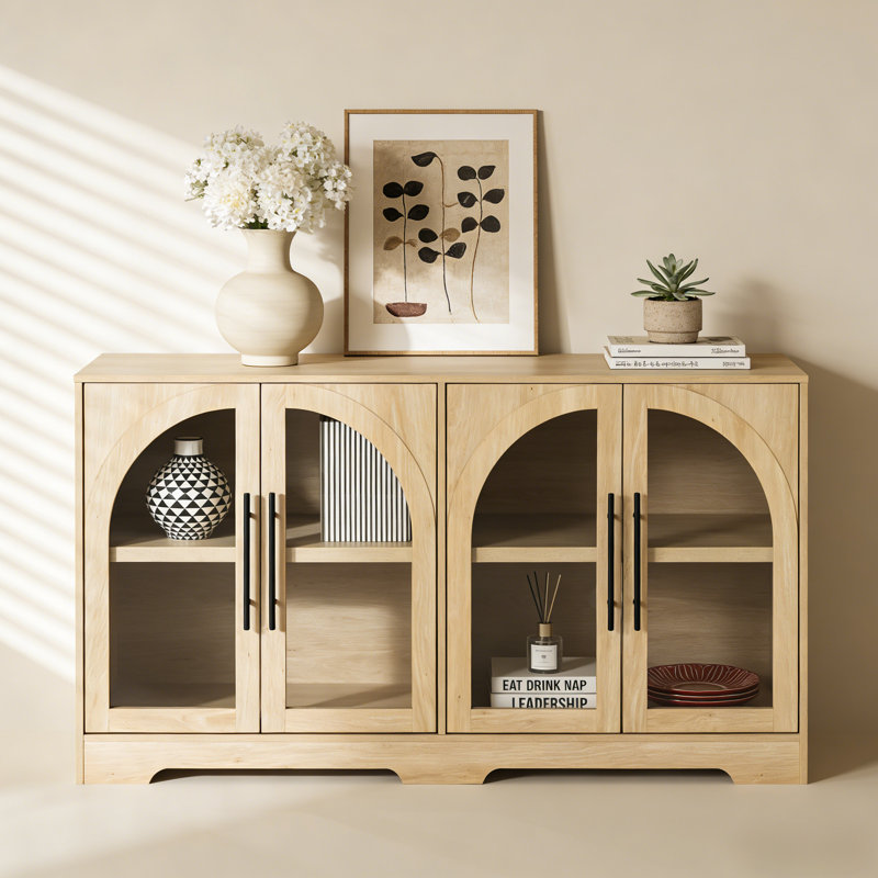 55" W  Rustic Display Buffet Cabinet With Arched Glass Doors, Modern Buffet Sideboard Coffee Bar Cabinet With Storage And Adjustable Shelves,For Kitchen,Living Room And Entryway