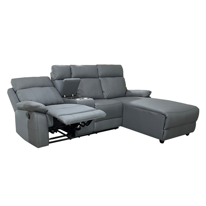DS Living Home Furniture 3 Seater Leather Match Reclining Sofa & Chaise, Right Hand Facing, Grey