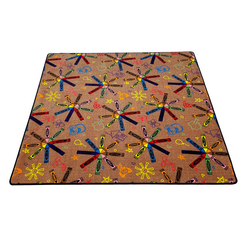 KidCarpet.com Crayon Scribbles Multi on Tan Classroom Rug, 6'x6' Square, Square 6' x 6'