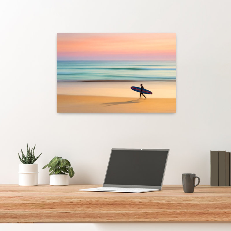 «Pastel Beach Surfer Dreamy Peaceful Serene Coastal», art mural, H 16 po x l 24 po