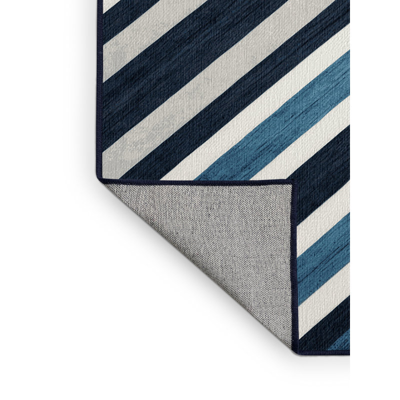  Tapis lavable rayé bleu acier et blanc, Rond 5 pi