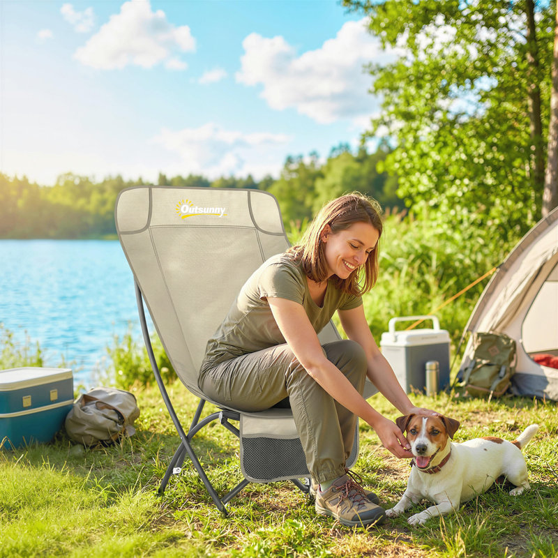 Outsunny Portable Camping Chair for Adults Heavy Duty Camp Seat Khaki