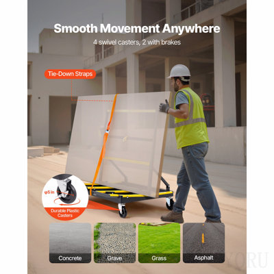 Drywall Cart Dolly, 1800 Lbs Load Capacity, Steel Panel Dolly With 4 Swivel Casters & Expandable Deck, Foldable Panel Truck Cart With Tie-Down Strap For Handling Plywood, Plasterboard, Glass