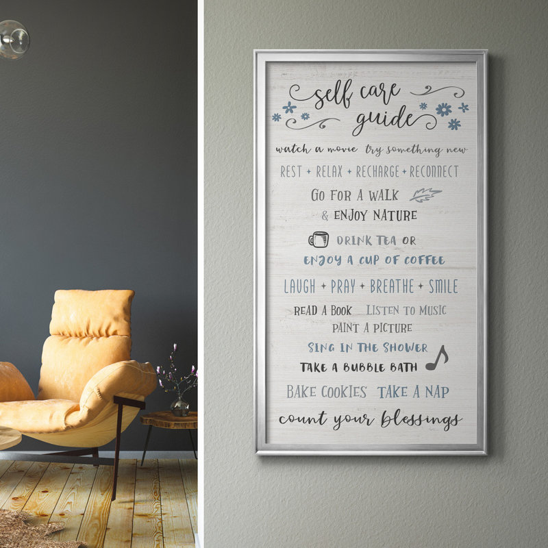 «Self Care Guide», art textuel sur toile, H 14,5 po x l 26,5 po x P 1,5 po, Cadre argenté