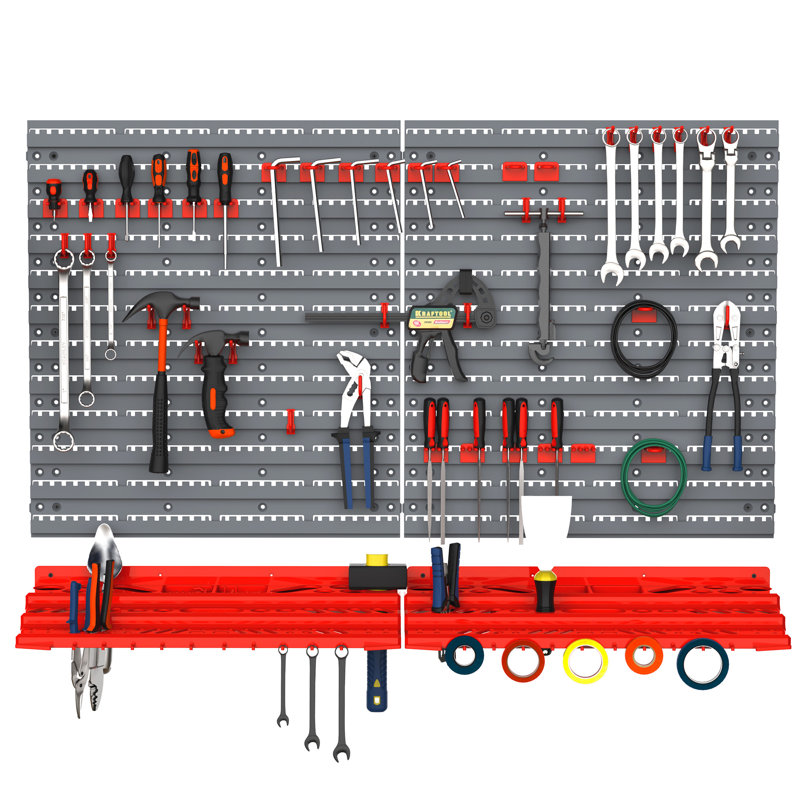Nome 54 Piece Pegboard and Shelf Tool Organizer Wall Mounted DIY Garage Storage with 50 Hooks, Red
