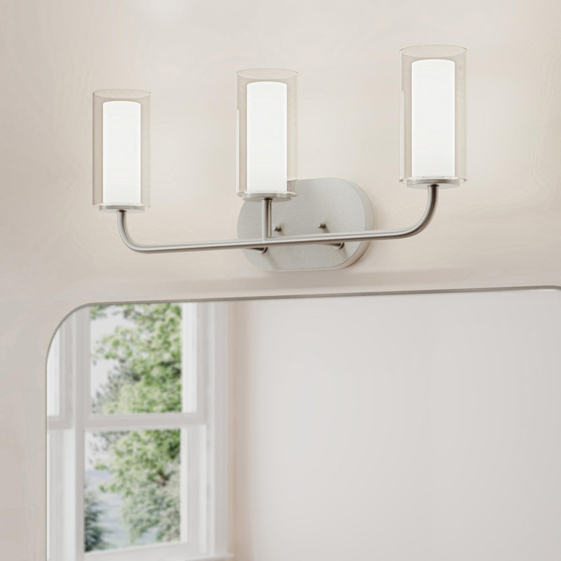 Éclairage pour salle de bain 3 lumières en nickel brossé avec abat-jour en verre Mack, Nickel brossé, 3 Lights