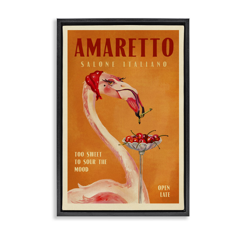 Toile flottante vintage encadrée «Amaretto Flamingo» par The Whiskey Ginger, H 25 po x l 17 po, Cadre flottant noir de jais