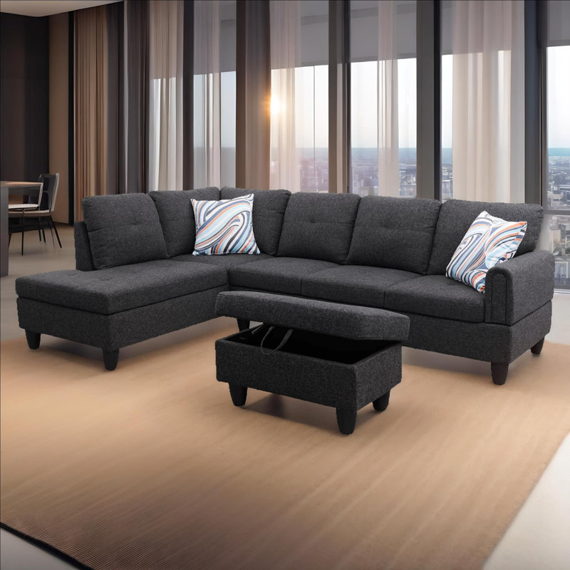 Upholstered L-Shaped Sectional, Left Hand Facing, Black Gray Linen Blend