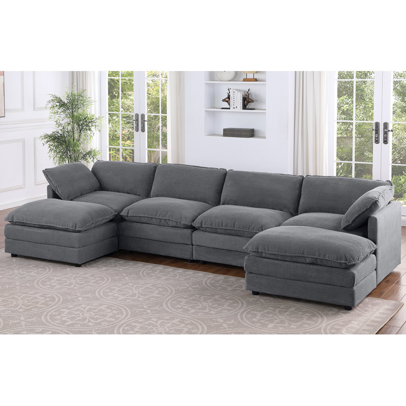 142” W Oversized 6-seater Composable Modular Sofa With 2 Ottomans, Gray Corduroy