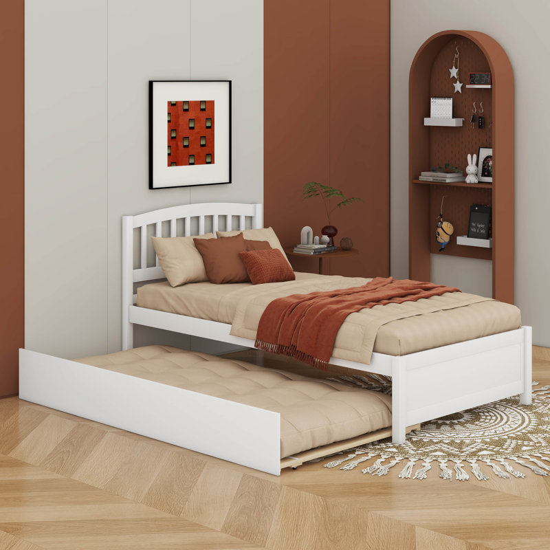 Twin Size Platform Bed Wood Bed With Trundle, White